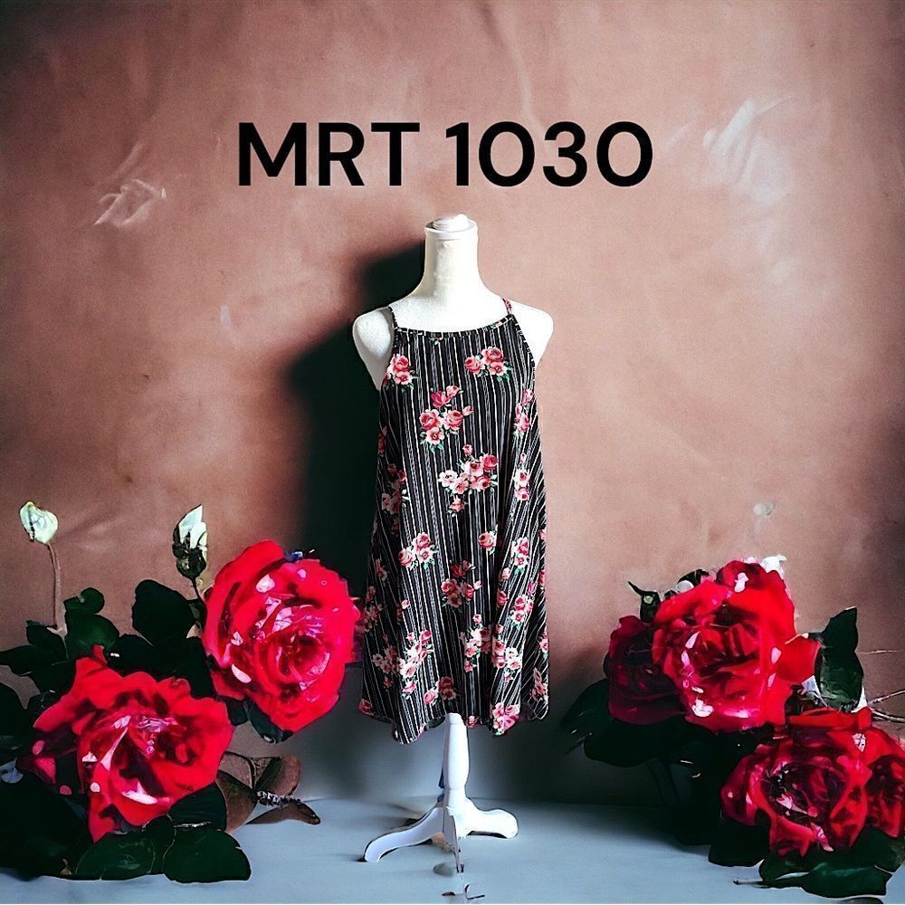 MRT 1030 l Short Summer Dress l Black w/white stripes, Floral l Sleeveless Flare